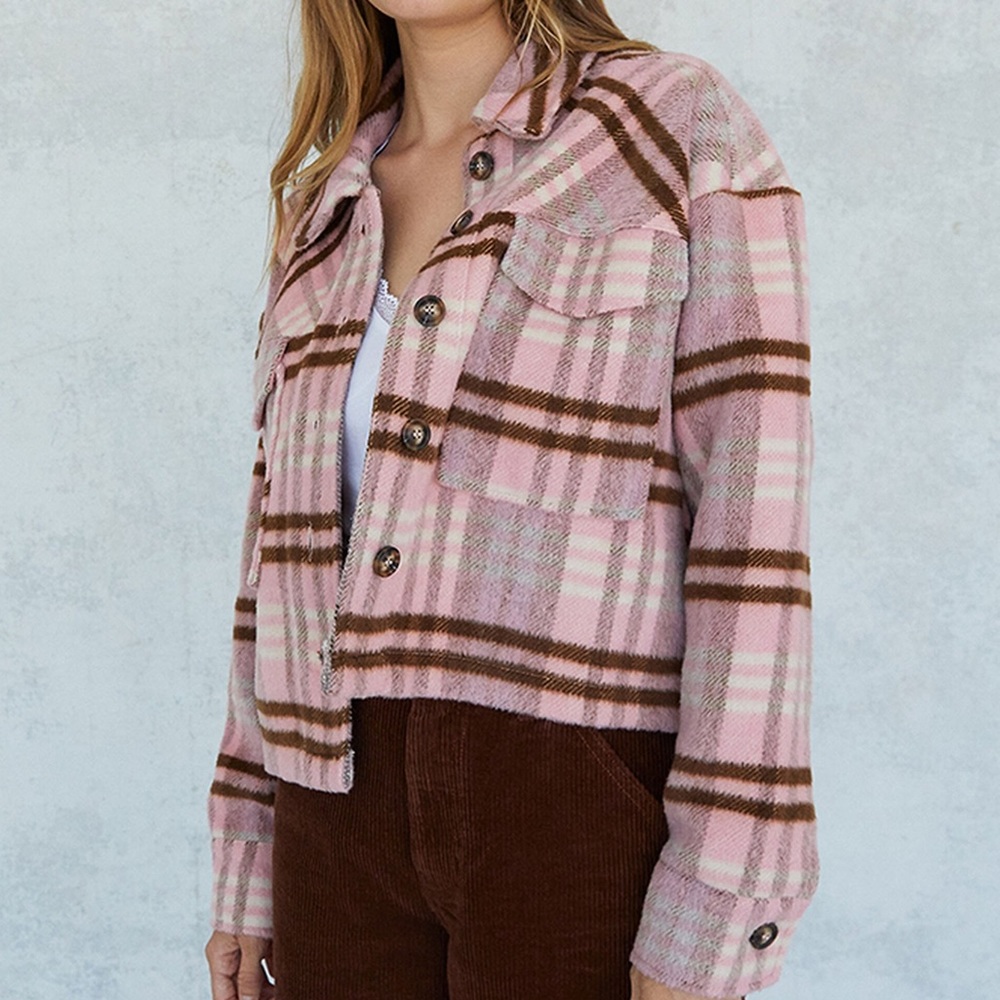 LA Hearts Brushed Cropped Plaid Shacket
